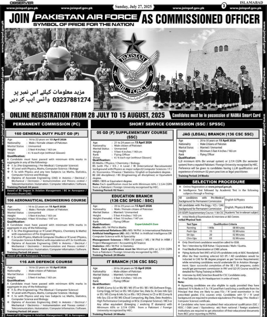 Commissioned Officer Jobs in Pakistan Air Force